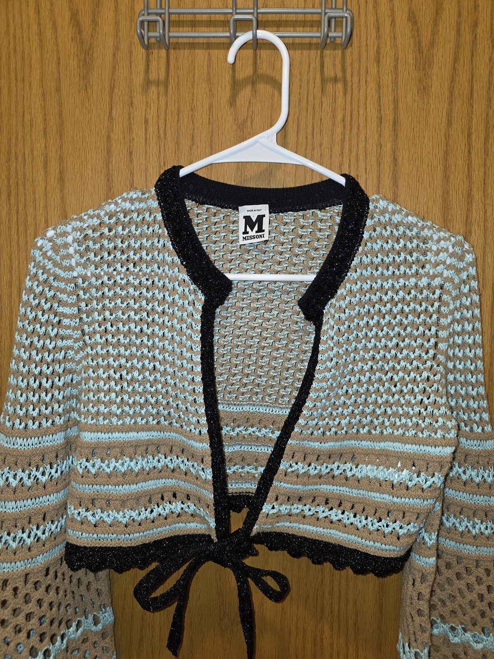 Vintage Missoni Cropped Open-Knit Tie-Front Sweater in Light Blue, Tan & Black - Picture 3 of 6
